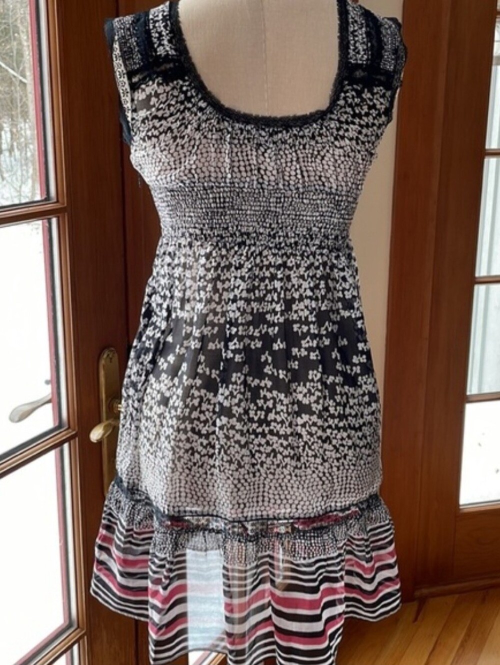VTG Free People Sleeveless Smocked Silk Blend Lace Tunic Slip Dress Size 4 - Picture 12 of 15